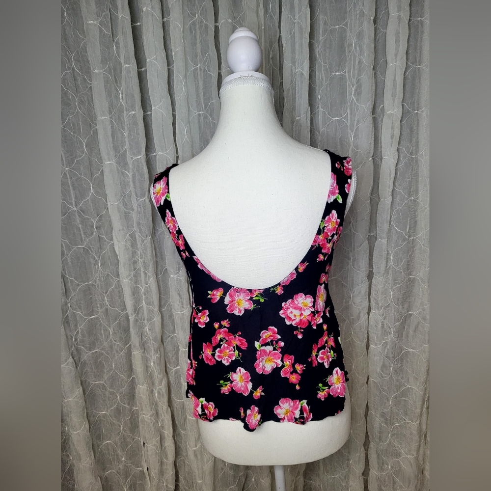 Peach Royal Navy Pink Floral Low Back Crop Peplum Tank Top Size S - Picture 3 of 4